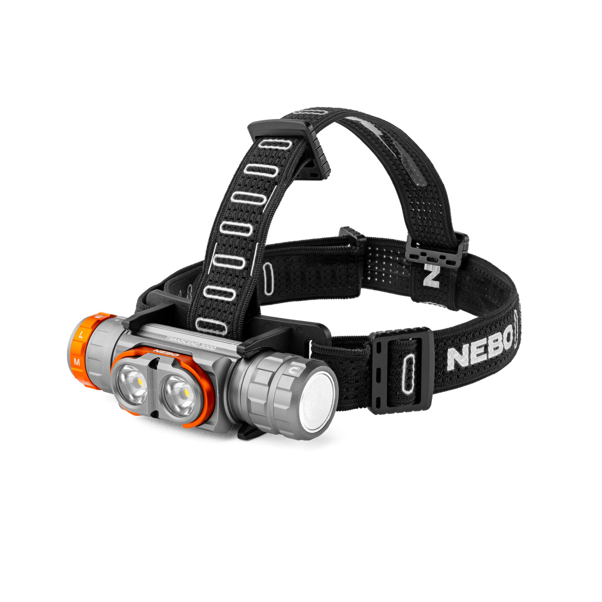 NEBO Transcend 3000 Rechargeable headlamp with black strap on a white background