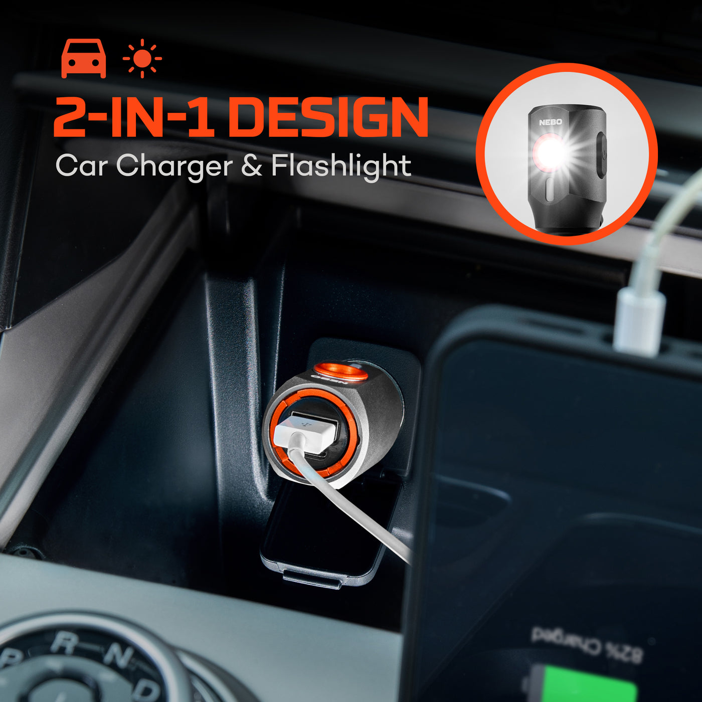 Car charger and flashlight with 2-in-1 design, showing charging a phone.