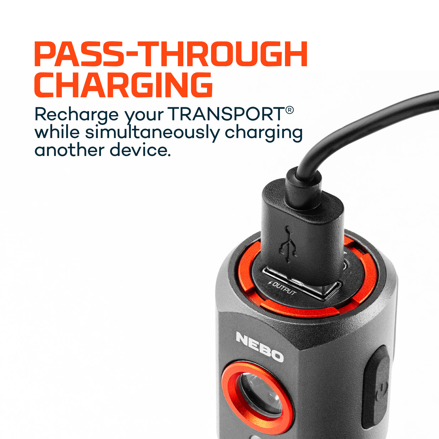 Nebo pass-through charging device with USB cable on a white background