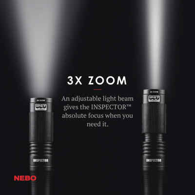 At Nebo Tools, we continually innovate so that we can offer the highest quality LED lighting products at the best price. The Inspector™ is an innovative, powerful pocket light that outputs 180 lumens, with 3 light modes and 3x adjustable zoom that provides the perfect amount of light for any situation. Waterproof and features a removable steel clip and Soft-Touch Technology, which provides momentary operation when the light is off, with the slight touch of the button.