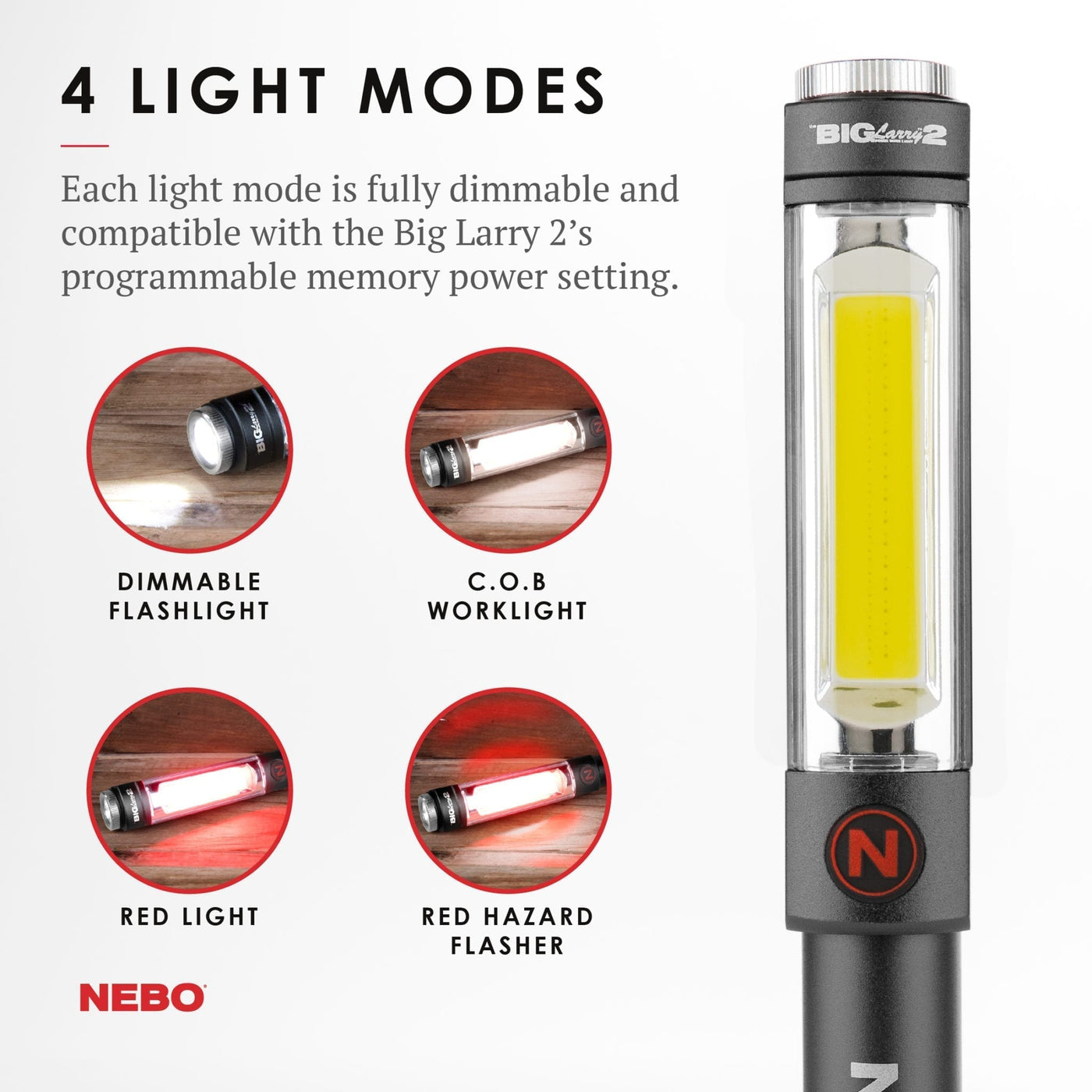 At Nebo Tools, we continually innovate so that we can offer the highest quality LED lighting products at the best price. The Big Larry™ 2 outputs 500 lumens with the COB work light and 200 lumens from the top flashlight which includes 4 light modes.  The red COB light is perfect for distress signalling or roadside emergencies. The steel clip and magnetic base provide convenient hands-free lighting options.