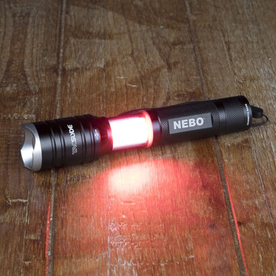 At Nebo Tools, we continually innovate so that we can offer the highest quality LED lighting products at the best price. The Tac Slyde™ features a 300 lumen flashlight with 12x adjustable zoom and 5 light modes. A COB lantern feature with 3 light modes, including emergency red flash, is also available upon extension of the light. A powerful magnetic base provides convenient hands-free lighting, and the lanyard helps keep this light handy when you need it most.