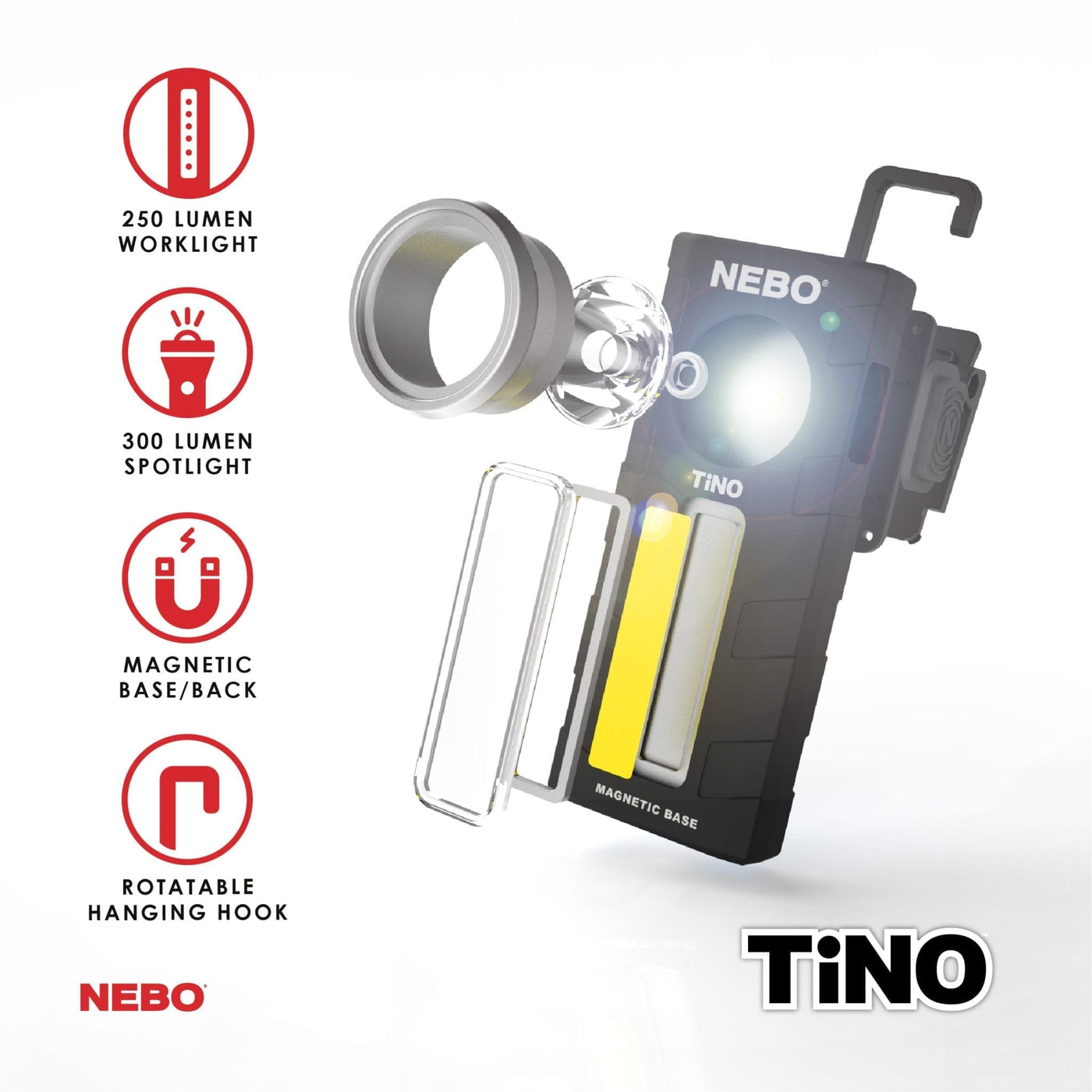 At Nebo Tools, we continually innovate so that we can offer the highest quality LED lighting products at the best price. The TiNO is a thin, ergonomic pocket light that features a 300 lumen spot light and a 250 lumen COB work light. Equipped with full dimming and Power Memory Recall, the TiNO also features a pocket clip, collapsible hanging hook and powerful magnetic base for convenient hands-free lighting.