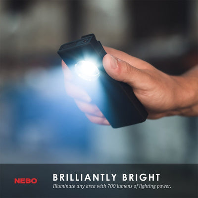 At Nebo Tools, we continually innovate so that we can offer the highest quality LED lighting products at the best price. The SLIM+ is a thin, ergonomic rechargeable 700 lumen pocket light with a class 2 EU certified red laser pointer and an emergency power bank for your USB powered devices. Equipped with full dimming and Power Memory Recall, the SLIM+ also features a detachable magnetic pocket clip, collapsible hanging hook and magnetic base for convenient hands-free lighting.